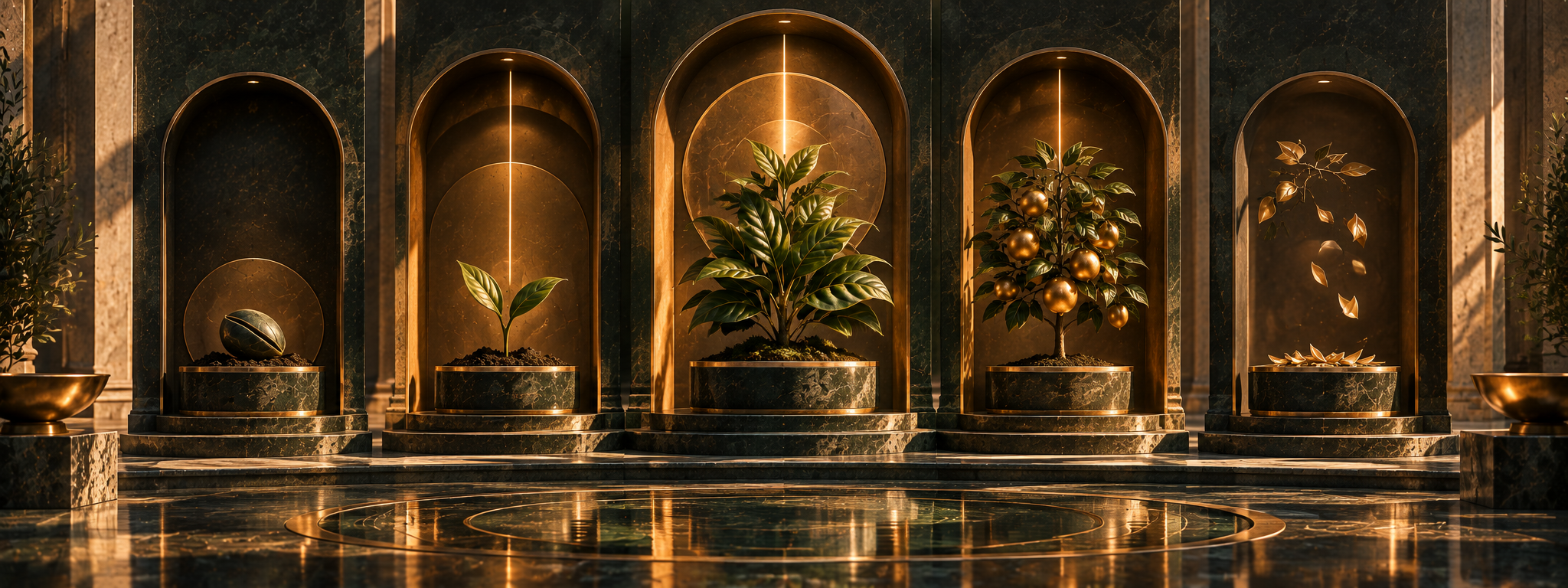 Five architectural chambers showing seed, growth, maturity, fruit and release