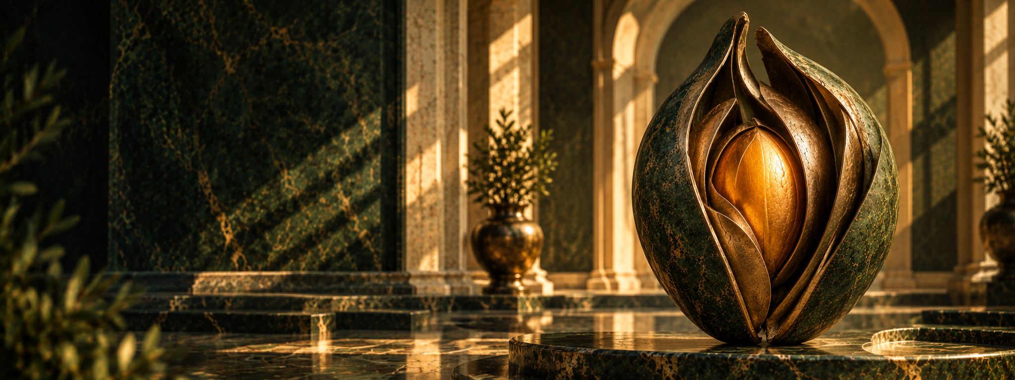 A symbolic sculptural form opening around a luminous inner core at the point of transition