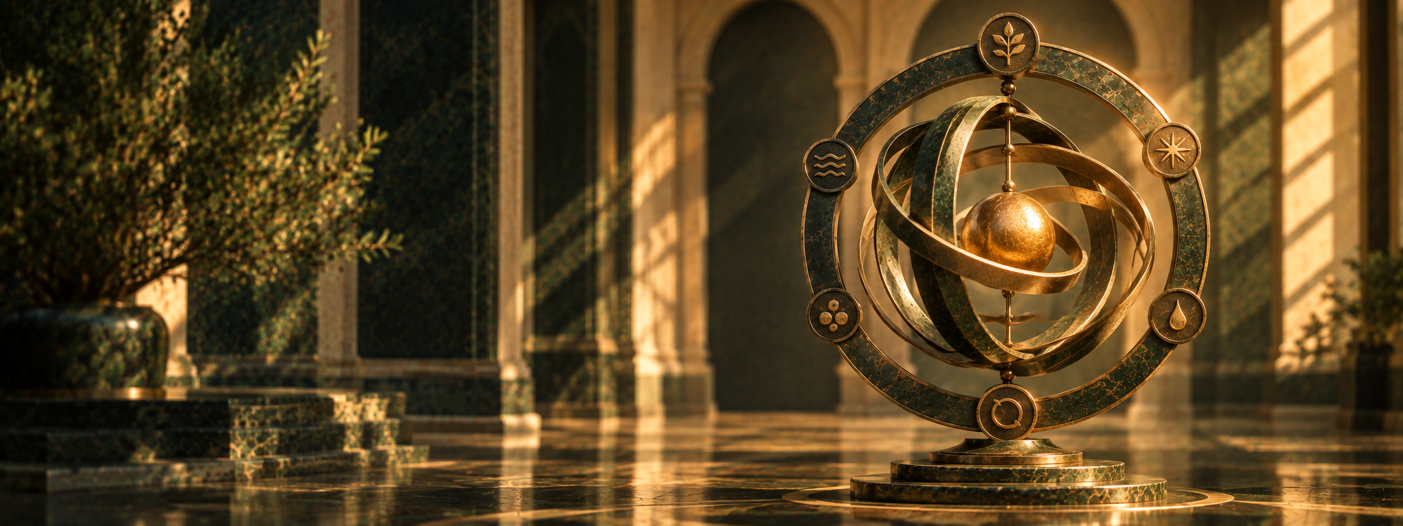 A symbolic instrument of intersecting green and bronze rings arranged around a luminous center
